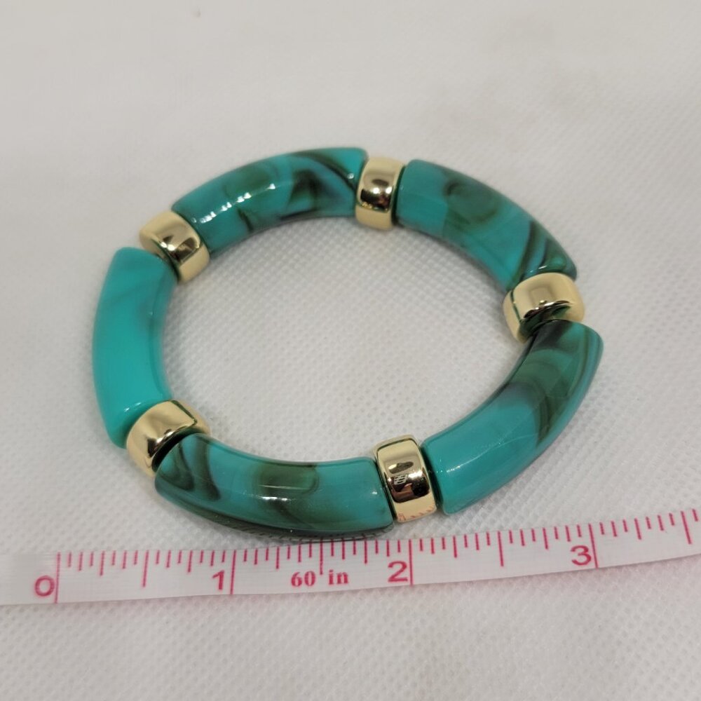 Gold Tone Turquoise Acrylic Stretch Bangle - 7" Stackable New - Picture 6 of 8